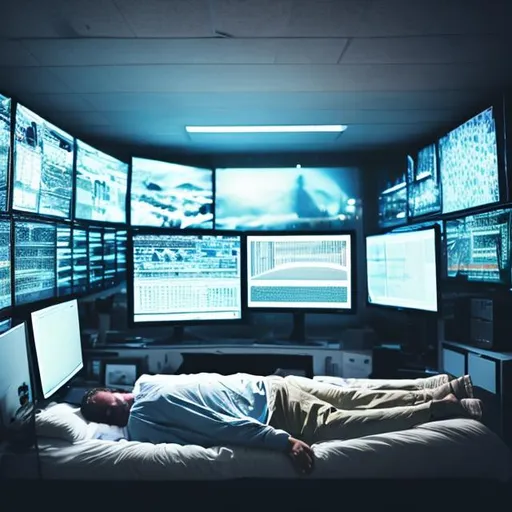 Prompt: A man sleeping in a bed in a bedroom with walls of computer monitors.