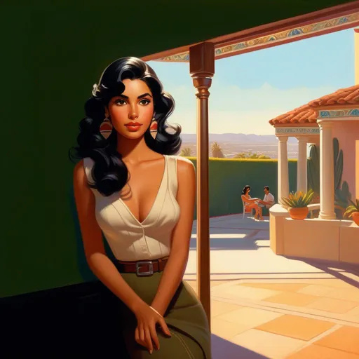 Prompt: Third person, gameplay, Mexican-American girl, olive skin, black hair, brown eyes, California, 1950s, mansion, sunny hot weather, warm atmosphere, cartoony style, extremely detailed painting by Greg Rutkowski and by Henry Justice Ford and by Steve Henderson 

