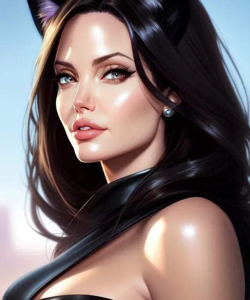 Prompt: Closeup face portrait of Angelina jolie as Catwoman, smooth soft skin, big dreamy eyes, beautiful intricate colored hair, symmetrical, anime wide eyes, soft lighting, detailed face, by makoto shinkai, stanley artgerm lau, wlop, rossdraws, concept art, digital painting, looking into camera, cat's ears