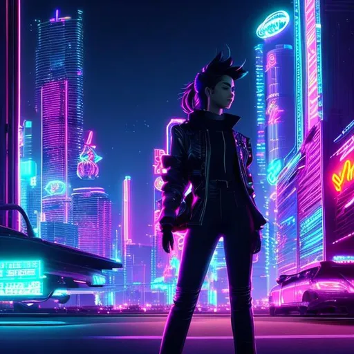 Prompt: Full body in shot. Epic. ((Ultra-detailed depiction)). (Beautiful and aesthetic:1.2). synth-wave, aesthetic cyberpunk, Miami, highway, dusk, neon lights, coastal highway, anthropomorphic fox, fluffy, poofy tail, long hair ponytail, sorcerer, trench coat,