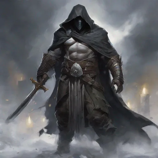 Prompt: Tall, Intimidating, Large, male, Solomon grundy built, black hair,  very dark grey scarred skin, covered in bandages, dark tattered cloth of a cleric of kelemvor that exposes his midriff,  mask with hood that covers his face, large gem inside chest,  Dungeons and Dragons 5th Edition, Path of the Zealot Barbarian, Undying Warlock, 20 Strength, 18 Constitution, using a very large two handed greataxe.