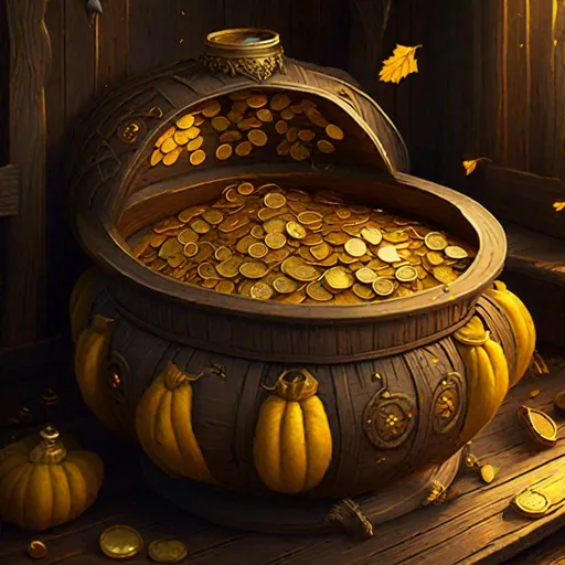 Prompt: A squash vace with it's top opened revealing alot of gold coins inside. Sitting on a wooden table.
High Fantasy style