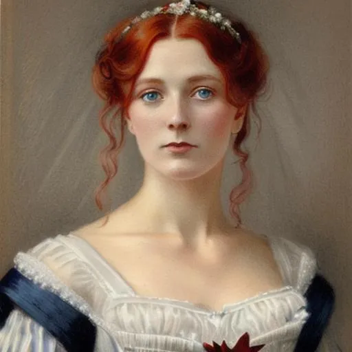 Prompt: portrait of a beautiful Victorian woman with red hair and dark blue eyes wearing a wedding gown