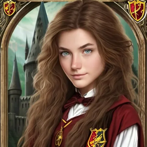 Prompt: long-haired, brown-haired, green-eyed beautiful woman as a Hogwarts Gryffindor student at Hogwarts