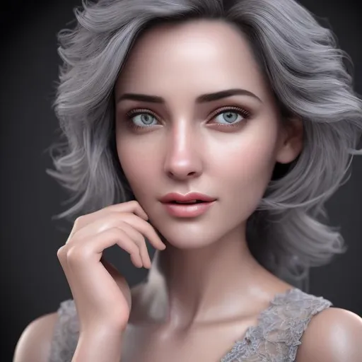 Prompt: HD 4k 3D professional modeling photo hyper realistic beautiful enchanting dainty french woman grey hair fair skin brown eyes gorgeous face sparkling dress luxurious interior landscape hd background ethereal mystical mysterious beauty full body
