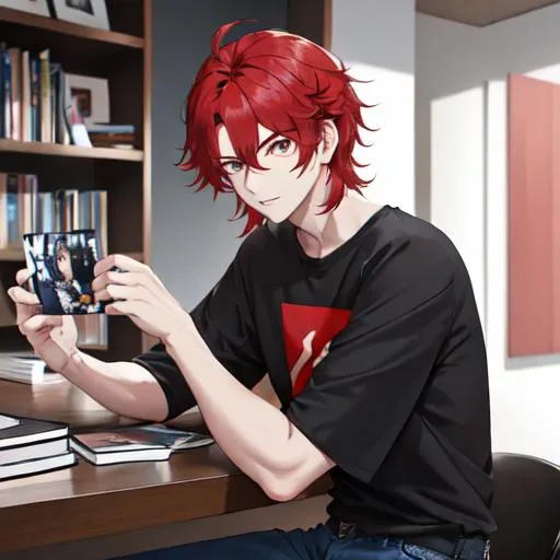 Prompt: Zerif 1male (Red side-swept hair covering his right eye) looking through a photo album, wearing a black shirt, wearing denim pants, UHD, 8K, highly detailed