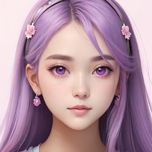 Prompt: a pretty girl  dressed in pink, color scheme of soft pastel blue and purple colors,  facial closeup