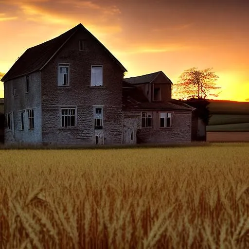 Prompt: An abandoned farmhouse sitting in the middle of a wheat field at sunset