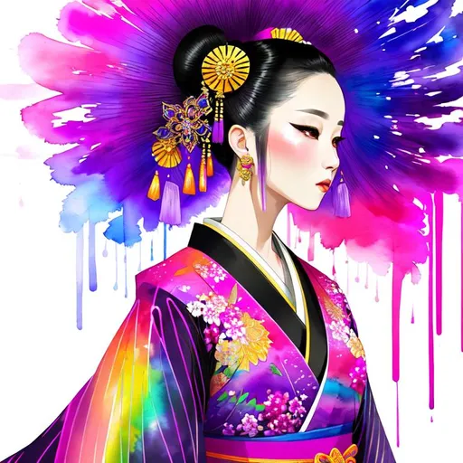 Prompt: A  woman wearing an intricate kimono, digital watercolor painting, paint drips, bright colors on white background, pastel colors, pink purple yellow black color pallette, symmetrical, full body, from below,  front view, 