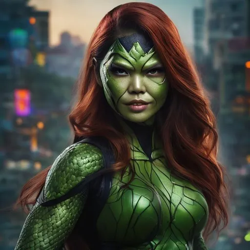 Prompt: one hybrid superhero character, Mix poisonous ivy  and asian beautiful lady, in realistic background of  bangkok , firm facial expression, long beard, detailed armor and cape, 4K, detailed facial expression, superhero, vibrant colors, intense gaze, advertisement-worthy, realistic, detailed illustration, professional, vibrant lighting
