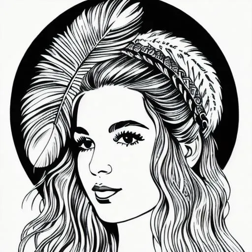 Prompt: A black and white drawing of a 1960s hippie girl with feathers in her hair