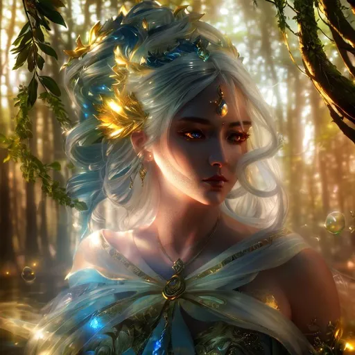 Prompt: 3D HD dramatic cinematic lighting [({one}{(Beautiful benevolent {goddess}female liquid}, expansive magical forest background, hyper realistic, 8K --s98500