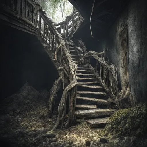 Prompt: mysterious staircase with a blurry face belonging to an inhuman creature in a distant corner, uncanny valley, off-putting, weird, anxiety inducing imagery, photo that engages fight or flight response in the viewer