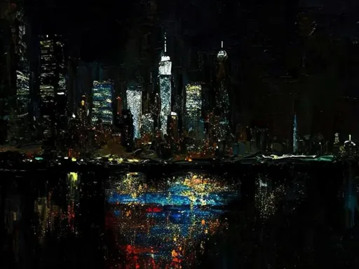 Prompt: Thick oil impasto York Skyline from 42nd Street Pier, thick oil impasto