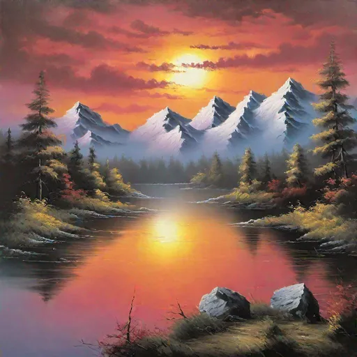Prompt: Bob Ross painting of a beautiful sunset