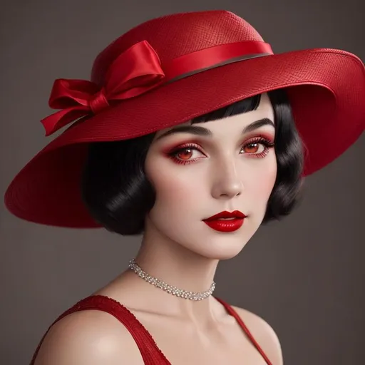 Prompt: a pretty girl  dressed in red,  flapper, wearing a  large red hat 1920's era, bob hair cut, 1920's era makeup, facial closeup