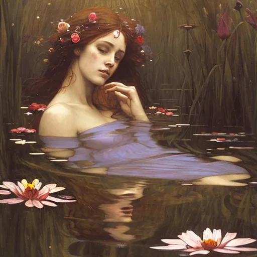 Prompt: Ophelia floating in water with flowers as painted by John Waterhouse