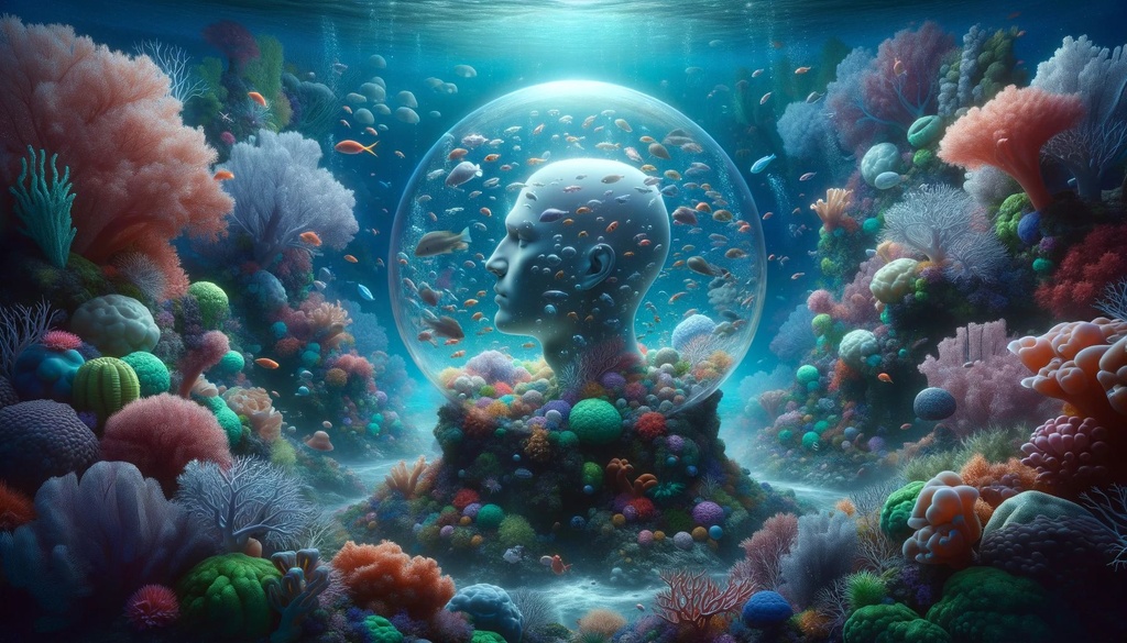 Prompt: Digital painting of an underwater realm filled with vibrant coral reefs and marine life. The isolated human head is positioned in a bubble, acting as a sanctuary for various sea creatures, illuminating the surroundings with a soft light.