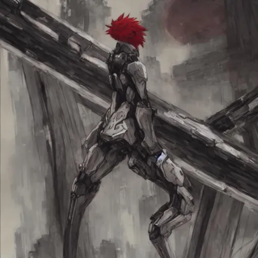 Prompt: A paiting of a majestic protogen sitting on the side of a bridge,highly detailed,overhead,by Tsutomu Nihei.