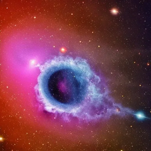 Prompt: Gold and pink cosmic space dust surrounding a black hole colourful beautiful 