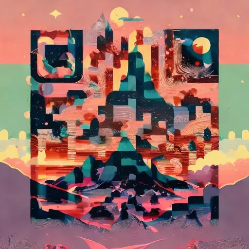 Prompt: mountains, stars and paisley filled sky, artstation, intricate, highly detailed, digital painting, concept art, sharp focus, illustration by Tom Whalen and James Gilleard