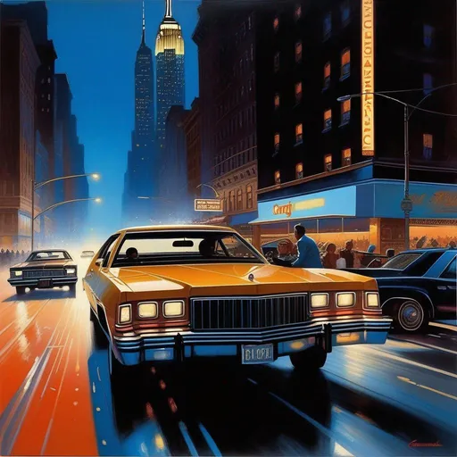 Prompt: Driver Parallel, car chase, late 70's, New York City at night, realistic, warm blue atmosphere, extremely detailed painting by Greg Rutkowski and by Henry Justice Ford and by Steve Henderson