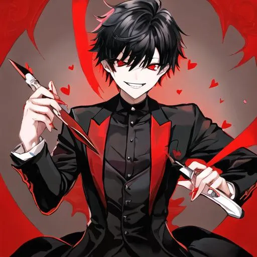 Prompt: Damien (male, short black hair, red eyes) grinning seductively, holding a knife, hearts around him
