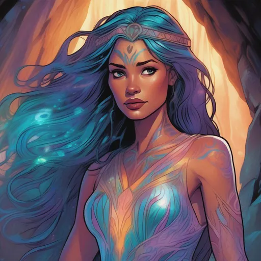 Prompt: A colourful and beautiful Persephone, in a beautiful flowing iridescent dress, with iridescent hair, with glowing and iridescent tribal markings on her skin, in a cave. In a Disney and Marvel Comics painted style.