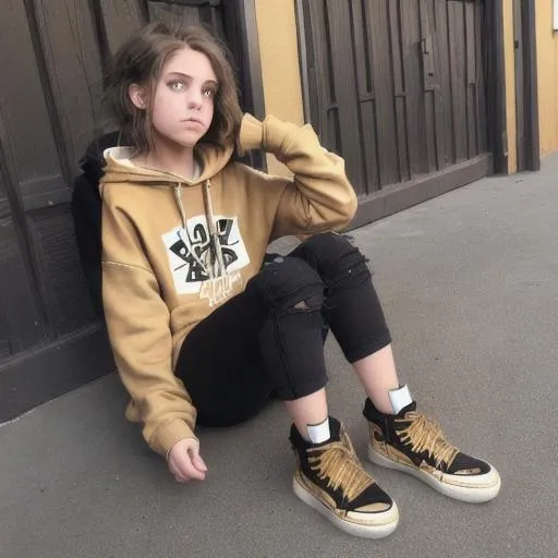 Prompt: Light brown hair hazel green eyes messy hair black hoodie shorts black shoes with gold buckles high tops female 17