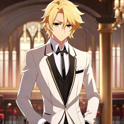 Prompt: Caleb (blonde hair) (brown eyes) wearing a tuxedo, full body, anime style