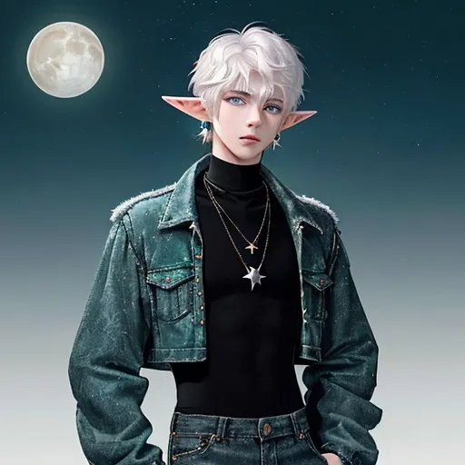 Prompt: A 19 year old boy with elf ears, pale skin, fluffy short white hair, dark blue eyes, star and moon earrings, spandex black turtleneck, dark green denim jacket, necklace with white crystal attached, wearing black baggy jeans.