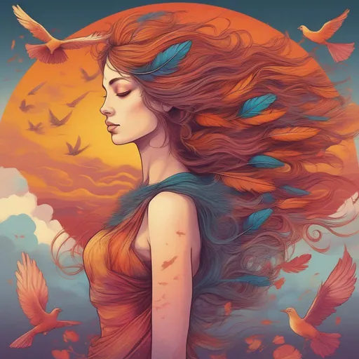 Prompt: colourful and beautiful Persephone with hair that is made out of a sunset and feathers with clouds and flying birds