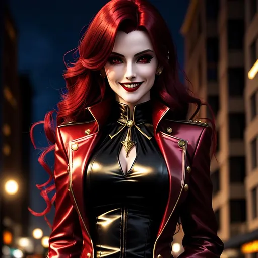 Prompt: female vampire inspired by Alucard from Hellsing, multicolored hair with golds and reds, pixie hairstyle, she is looking down at the viewer, vampire the masquerade, detailed symmetrical face, attractive face, full body picture, grin showing perfect teeth, cyberpunk night time style background, well lit by street lights, wearing an Ann Taylor professional suit, vampire, Clan Tremere