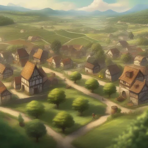 Prompt: town, fantasy setting, fields with trees, fruit orchards, natural lighting, panoramic, 