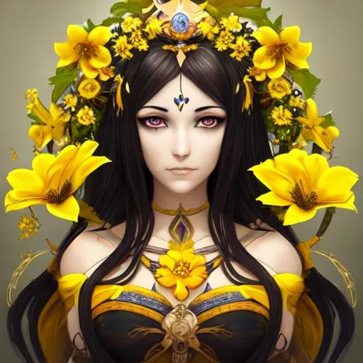 Prompt: faity goddess with dark hair, yellow flowers,
facial closeup