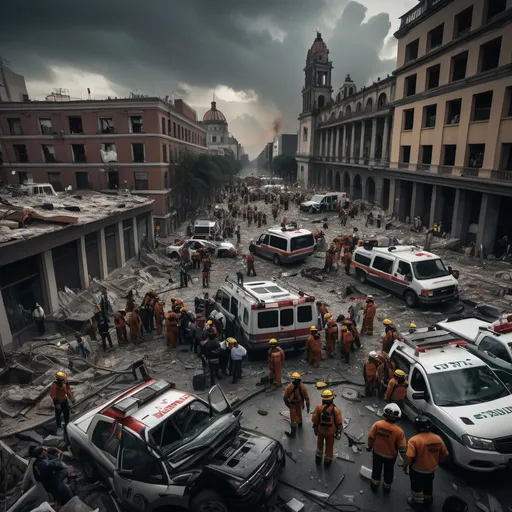 Prompt: Devastated Mexico City after a catastrophe, stark urban landscape, emergency scene, healthcare professionals tending to injured individuals, determined reporters capturing images, busy search and rescue operations, communication equipment setup nearby with a focused operator, dramatic aftermath, muted colors conveying a somber atmosphere, high depth, ultra-detailed, cinematic lighting, evoking urgency and resilience.