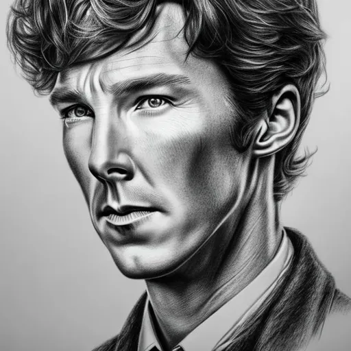 Prompt: 4k UHD, hyperrealistic pencil sketch of , Benedict Cumberbatch as Sherlock holmes, 