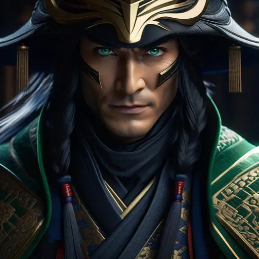 Prompt: Portrait of {Ninja loki from avengers}  in  {edo era Japan}, perfect composition, hyperrealistic, super detailed, 8k, high quality, trending art, trending on artstation, sharp focus, studio photo, intricate details, highly detailed,happy face, by greg rutkowski