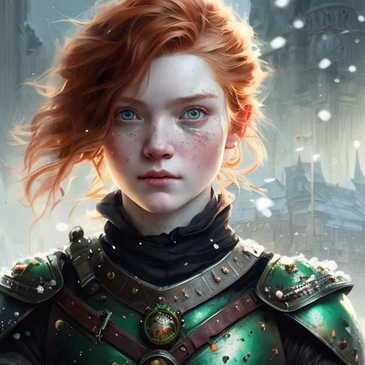 Prompt: Closeup face portrait of a battle worn 15th century scottish lady with red hair and green eyes smooth soft skin, small shallow eyes, beautiful intricate colored hair, symmetrical, snowing, soft lighting, detailed face, by makoto shinkai, stanley artgerm lau, wlop, rossdraws, concept art, digital painting, looking into camera