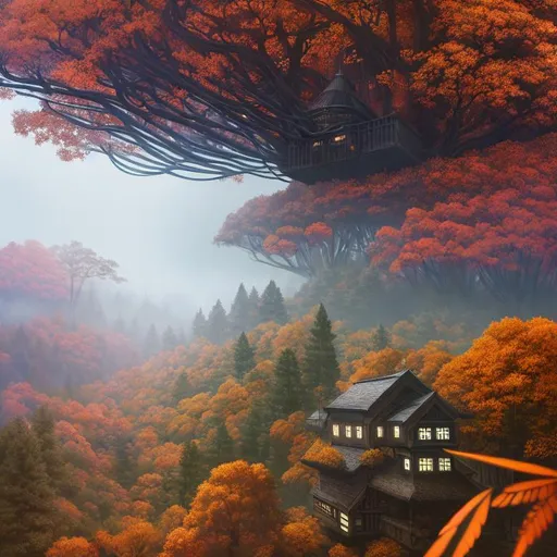 Prompt: surreal concept art of a strange winged cabin flying in an autumnal forest, foggy, gloomy, lots of details, intricate scene, correct, digital painting, fine tuned,  64k