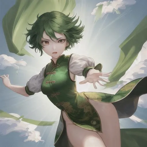 Prompt: incredibly detailed picture of a Chinese girl with short green hair with a wind element flying in the air