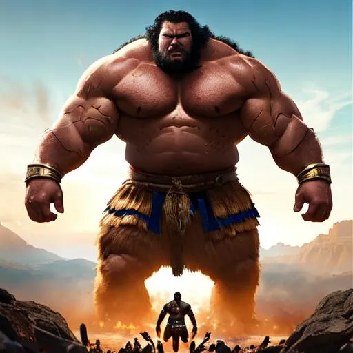 Prompt: movie poster style tongan warrior vs giant man beast ultrarealism cinematic lightinging 
