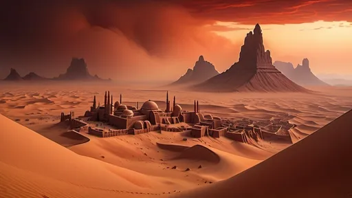 Prompt: ancient walled city in foreground, darkest night, ancient tatooine architecture, no trees, no bushes, no grass, no leafy vegetation, rocky desert alien planet setting, rocky mountainous region, in the style of frank herbert's dune, stormy night sky filled with red clouds, dust haze, red fog, sand storm, highly detailed, photo-realistic, hyper-real