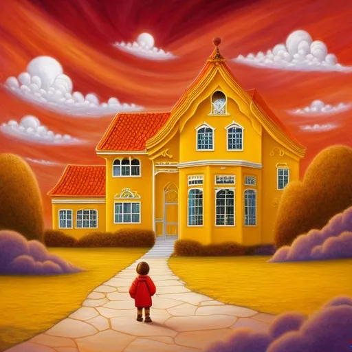 Prompt: On a big white cloud, there was a child. This was not an ordinary child he was a painter with a magic pen. Everything he drew became alive and had his own story surrounding it.

One day the child painted a house and that house became alive. It was big and yellow with a big brown door right in the middle two big windows and a red roof. It had a happy soul and was waiting to make some people or family happy inside his comfy walls.