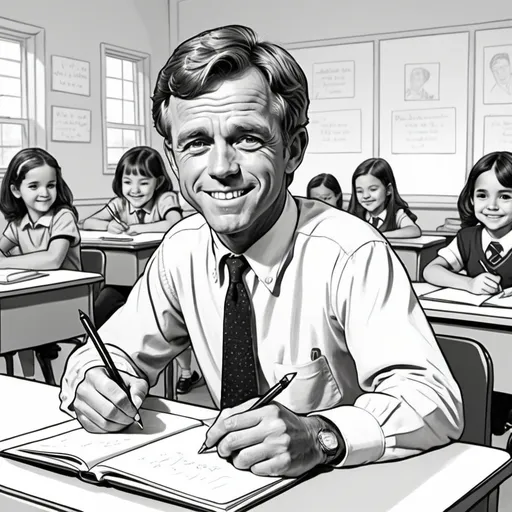 Prompt: cartoon line drawing of Robert Kennedy Jr. smiling sitting at a school desk writing confidently.