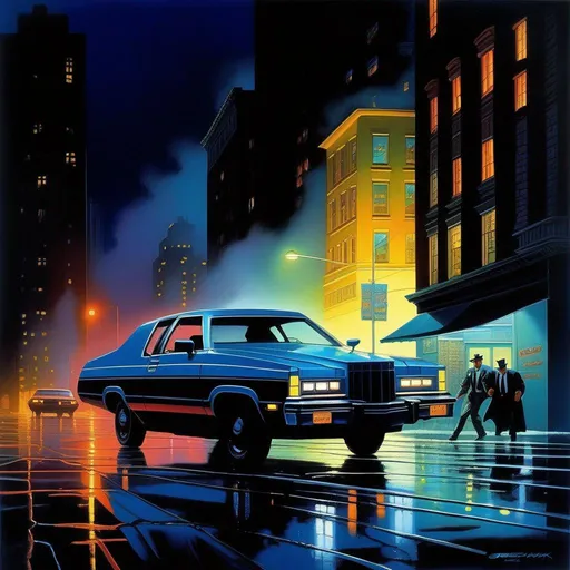 Prompt: 1980s, Gotham City at night, neon, car chase, rain, fog, cold blue atmosphere, cartoony style, extremely detailed painting by Greg Rutkowski and by Henry Justice Ford and by Steve Henderson