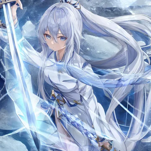 Prompt: anime girl, ice, sword, silver long hair