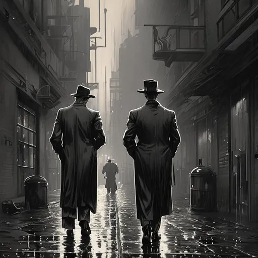 Prompt: A  1940's black and white noir picture of a mafia boss walking in the rain down a back alley of Chicago, detailed, digital painting, artstation, concept art, smooth, sharp focus, illustration, art by gaston bussiere and alphonse mucha  