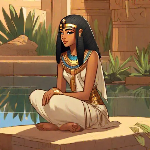 Prompt: A young ancient egyptian girl sitting near a pond. Bald with a lock of hairs from right temple. Cute. Well draw face. detailed. d&d art. 2d art. 2d.