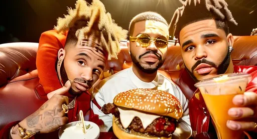 Prompt: Drake, the weeknd, and  the migos are eating burgers